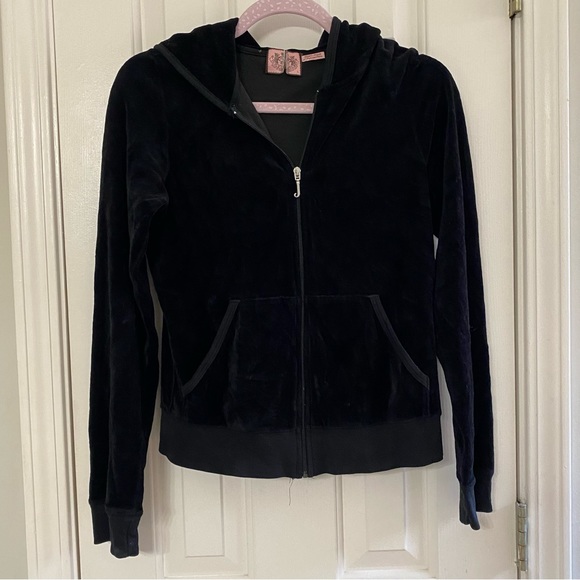 JUICY COUTURE • Black Velvet Midweight Zippered Hooded Track Jacket - Picture 2 of 5